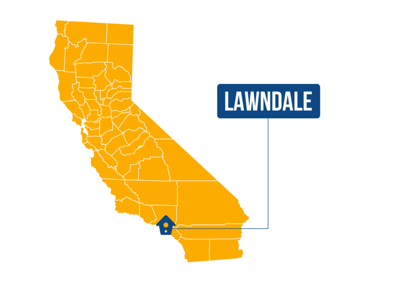 California map in yellow, highlighting Lawndale in the south with a blue label and house icon.
